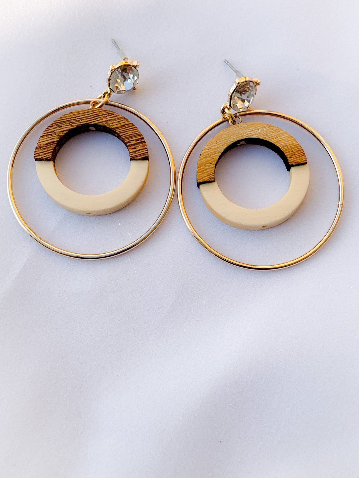 Crystal Stud with Goldtone and Wood Colorblock Circle Earrings - Lily And Ann Online Boutique