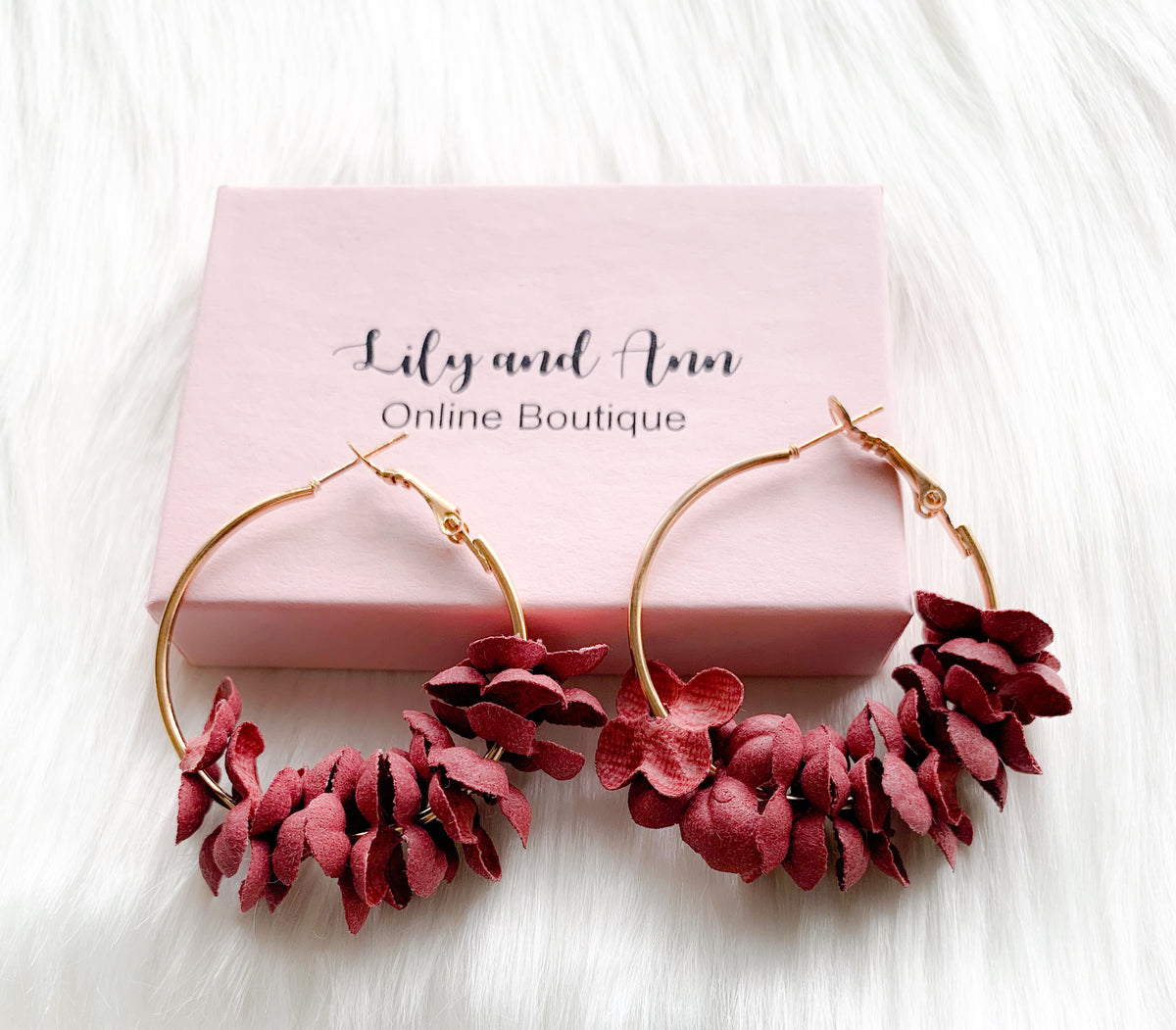 Ruby Pink Cotton Flower Gold Hoop Earrings - Lily And Ann Online Boutique