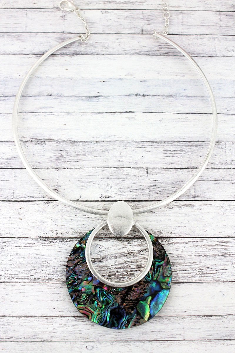 Abalone and Silvertone Cut Out Disk Pendant Collar Necklace - Lily And Ann Online Boutique