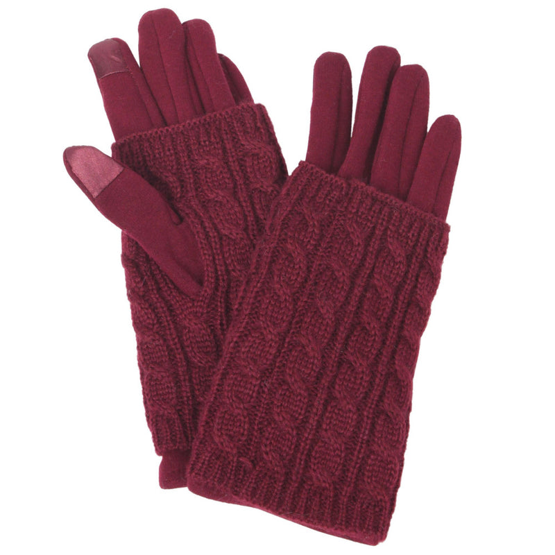 Burgundy Layered Cable Knit Smart Touch Gloves