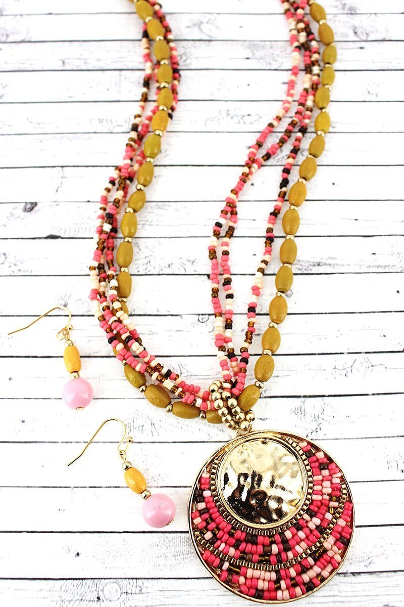 Coral Seed Bead and Hammered Goldtone Disk Necklace and Earring Set - Lily And Ann Online Boutique