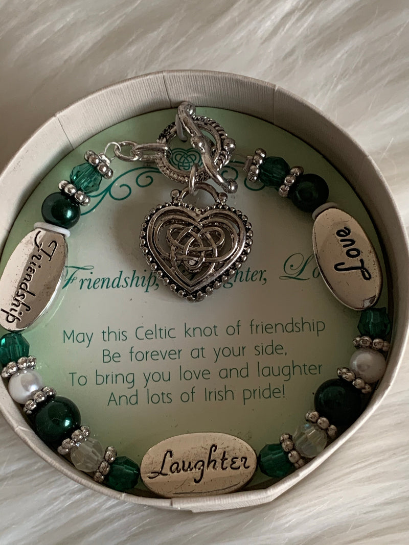 Silvertone 'Friendship, Laughter, Love' Heart Charm Beaded Toggle Bracelet - Lily And Ann Online Boutique