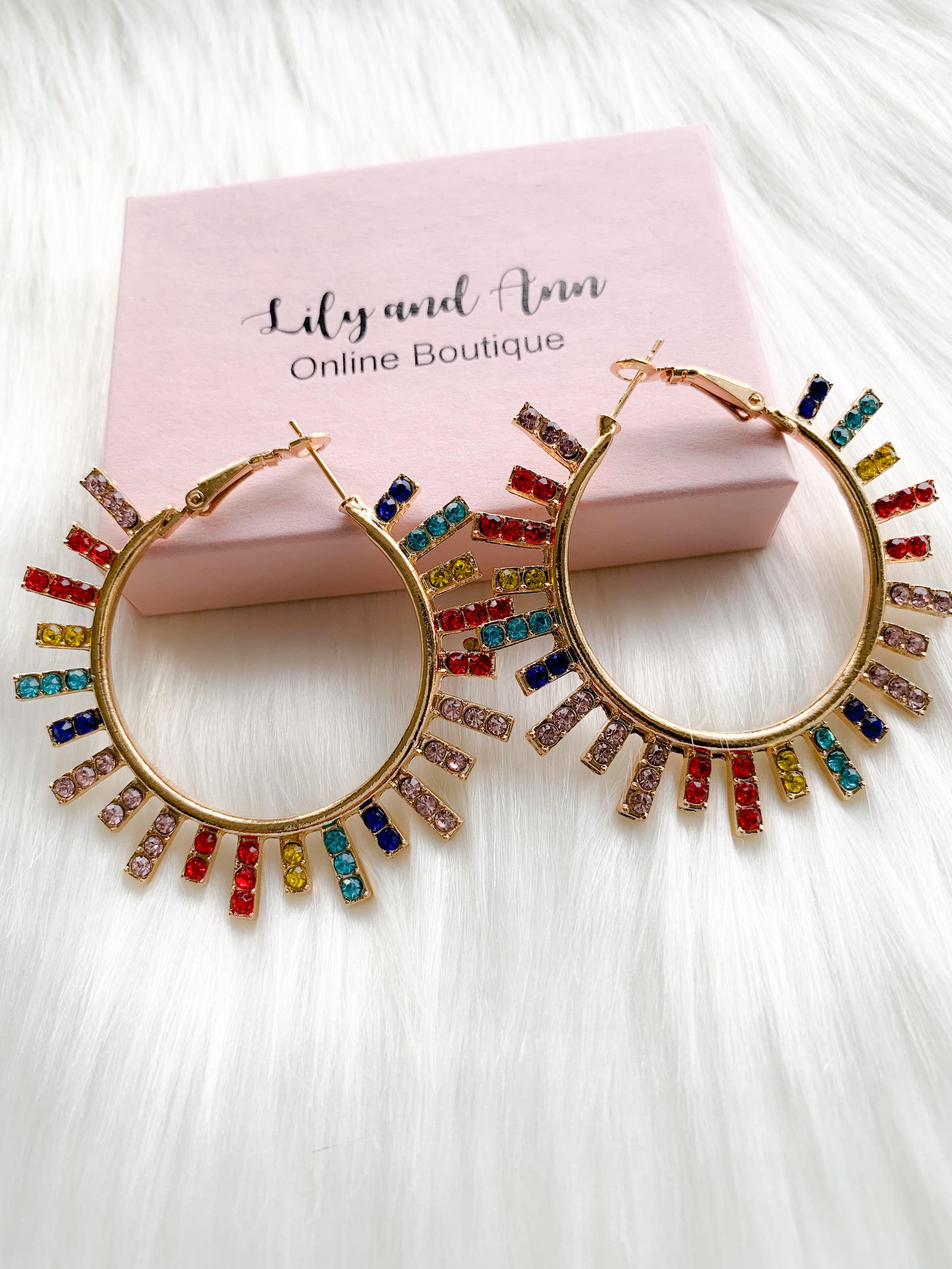 Rainbow Swarovski Gold Geo Hoop Earrings - Lily And Ann Online Boutique