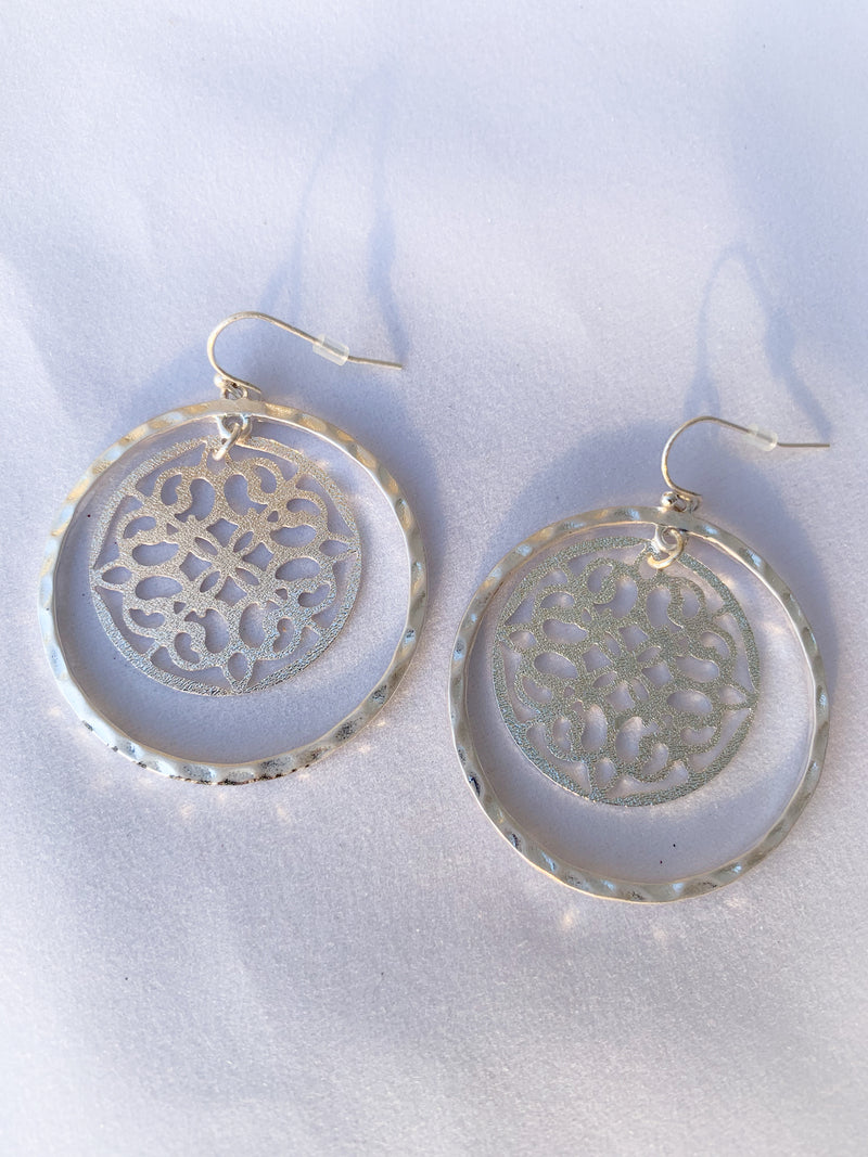 Crave Worn Silvertone Filigree Disk and Circle Earrings - Lily And Ann Online Boutique