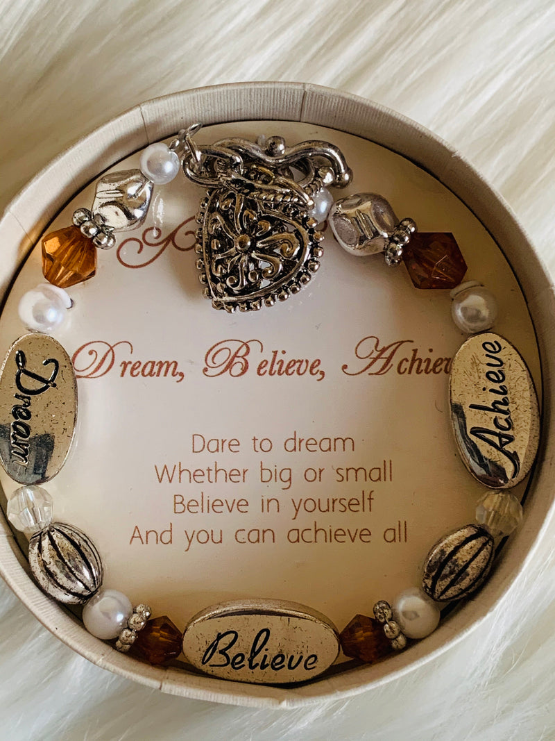 Silvertone 'Dream, Believe, Achieve' Heart Charm Beaded Toggle Bracelet - Lily And Ann Online Boutique