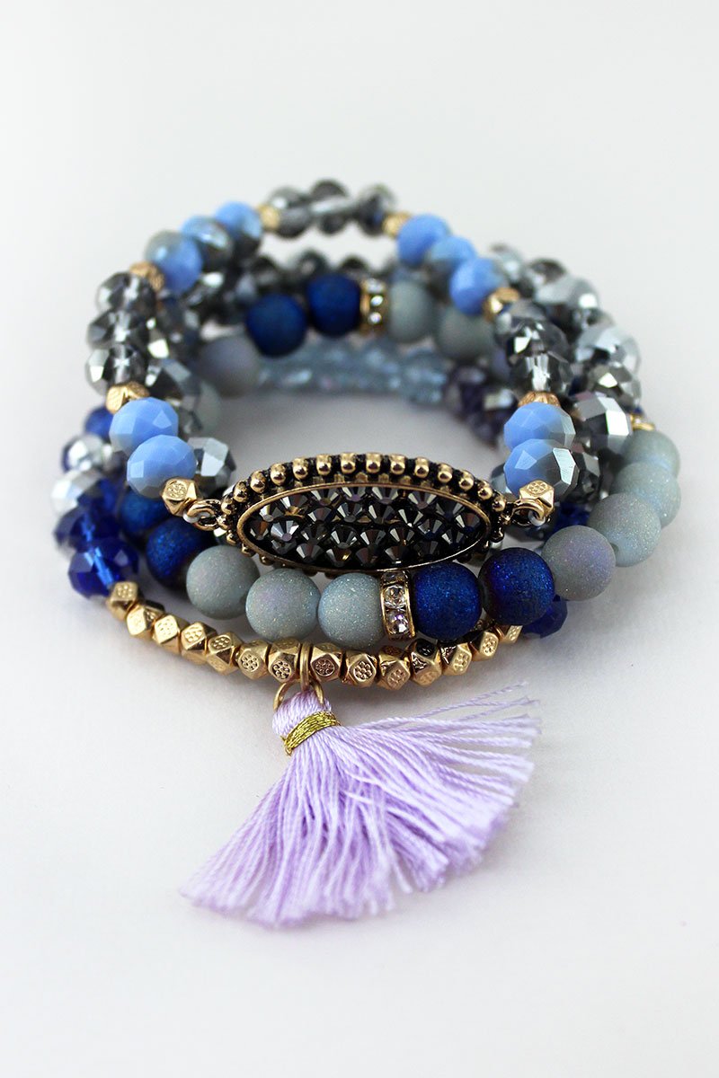 Hematite Crystal Oval and Purple Tassel Charm Bracelet Set - Lily And Ann Online Boutique